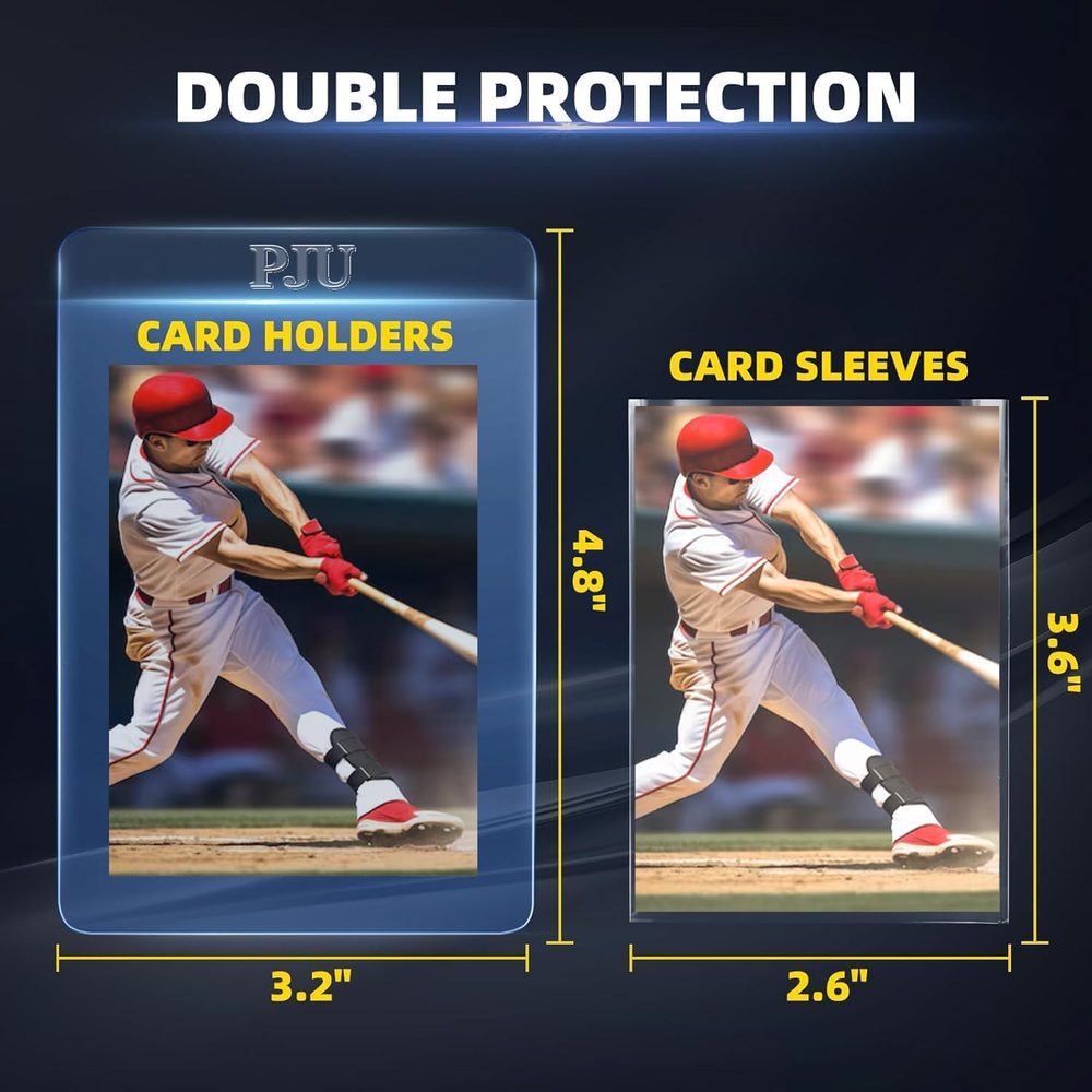 PJU semi-rigid card holder next to a 2.6 by 3.6 inch soft card sleeve with sizes marked