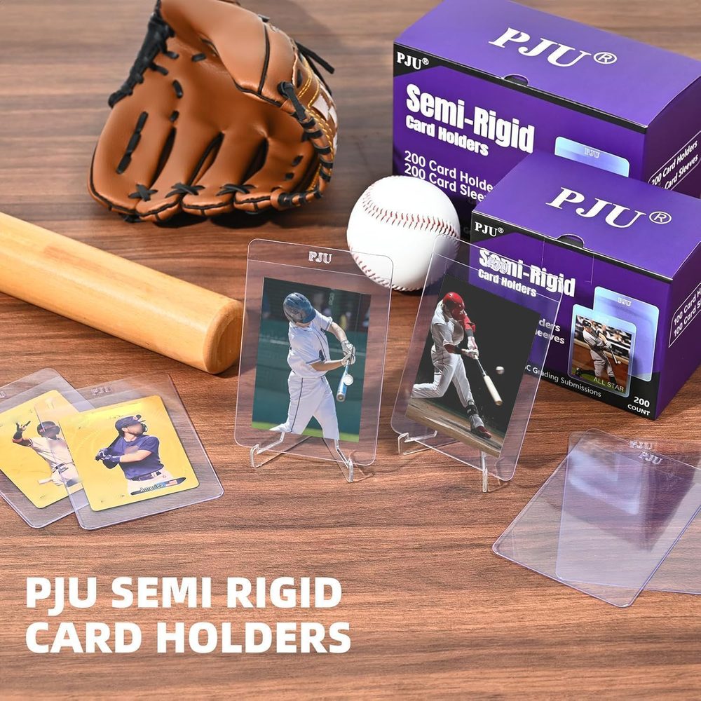 PJU semi-rigid card holders with baseball cards, a glove and a bat